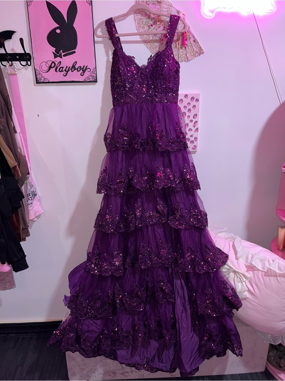 Vibrant Plum Purple Tiered Sequin Tulle Prom Dress